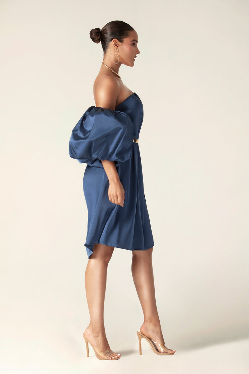 Ella Puff Sleeve Satin Midi Dress Navy Blue