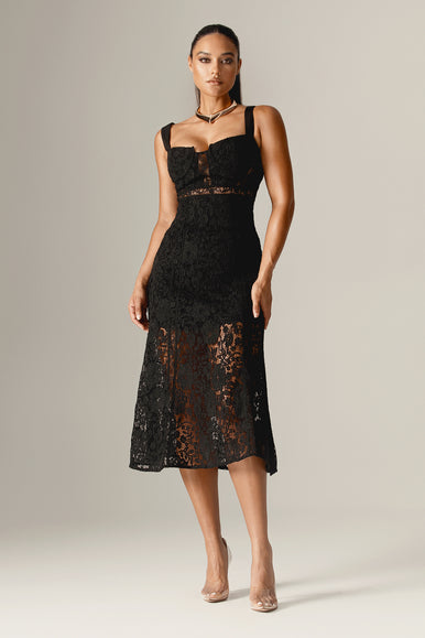 Harley Straps Lace Guipure Midi Dress (Black)