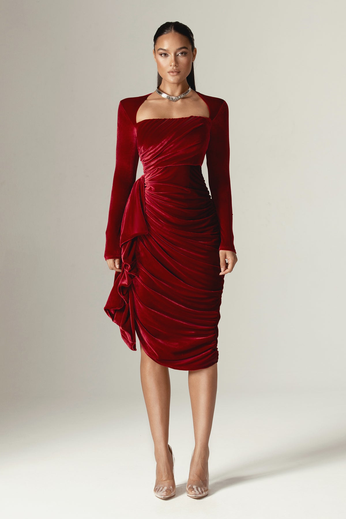 Burgundy Velvet Long Sleeve Draped Midi Dress