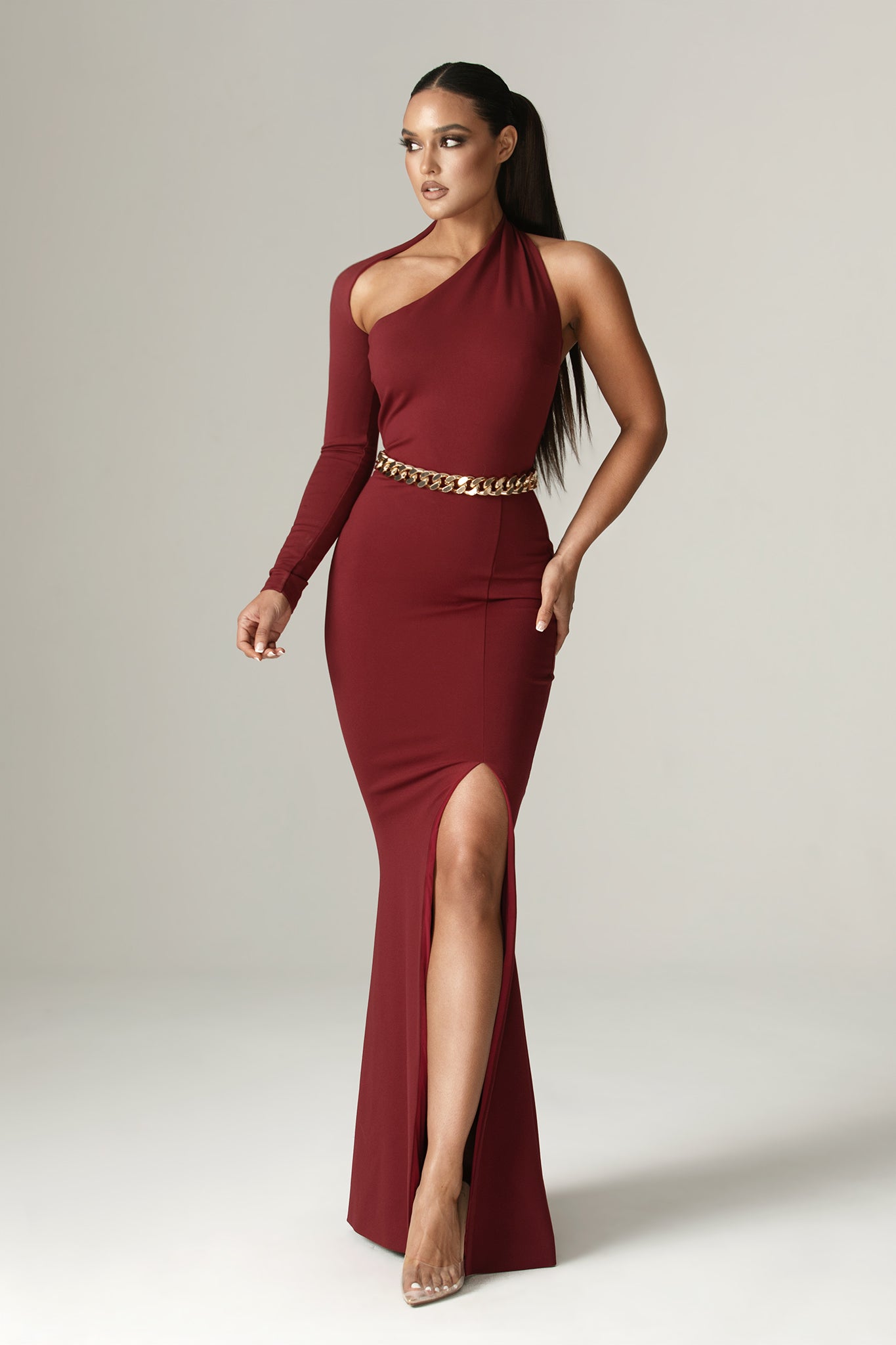 Lilux One Shoulder Modern Maxi Dress (Maroon)