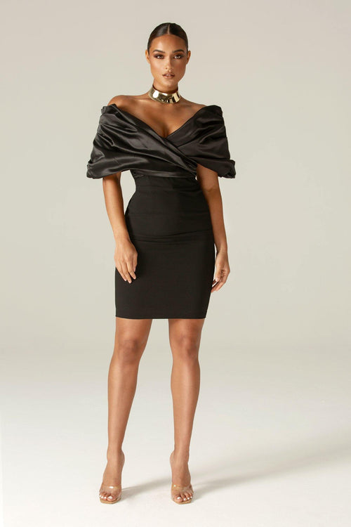 Maribel Crepe Ruffle Shoulder Dress (Black)