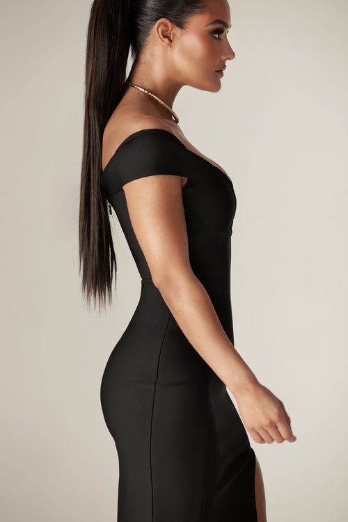 Wow Power Black Ruched Off-the-Shoulder Bodycon Mini Dress