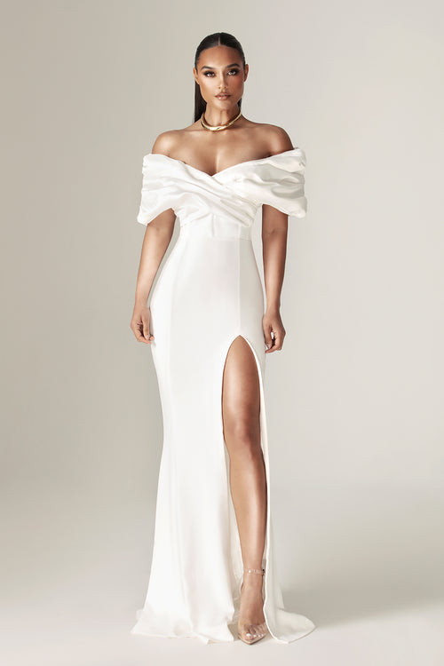 Presley Crepe Ruffle Shoulder Gown Dress (Off White)