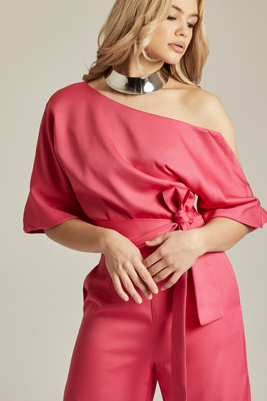 Red belted one shoulder jumpsuit hotsell